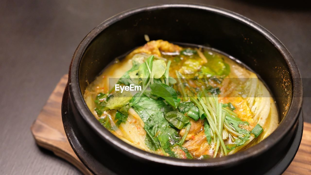 High angle view of soup in bowl on table