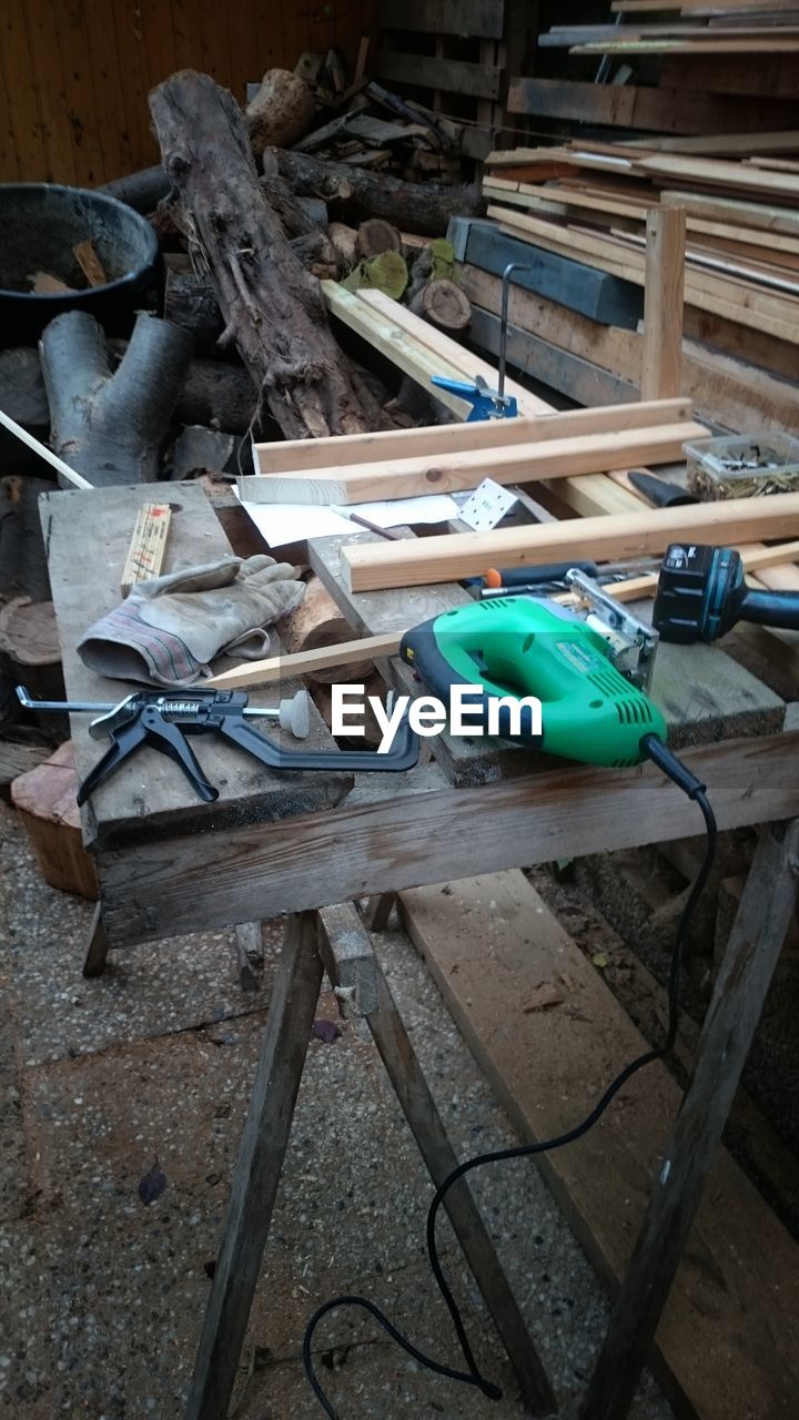 Work tools on workbench at carpentry workshop