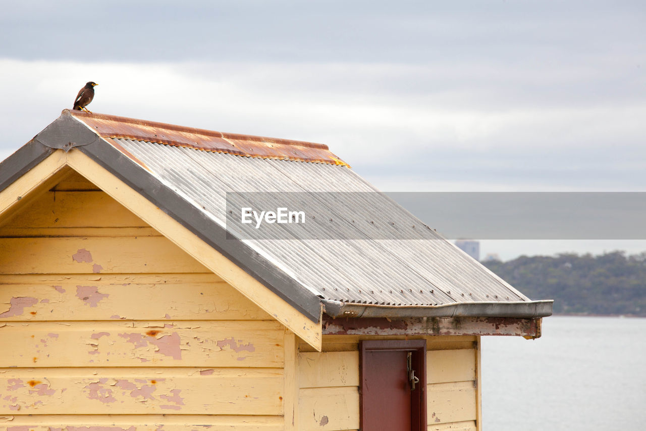 Bird perching on old wooden house against cloudy sky