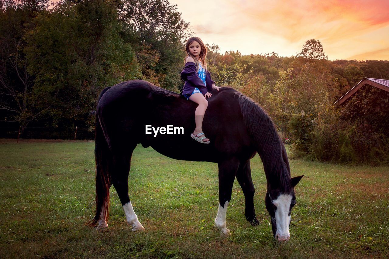 Full length of cute girl sitting on horse