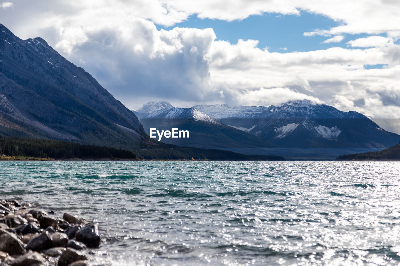 Scenic view of sea and mountains against sky