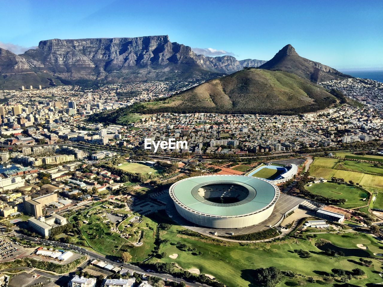 High angle view of green point stadium against sky