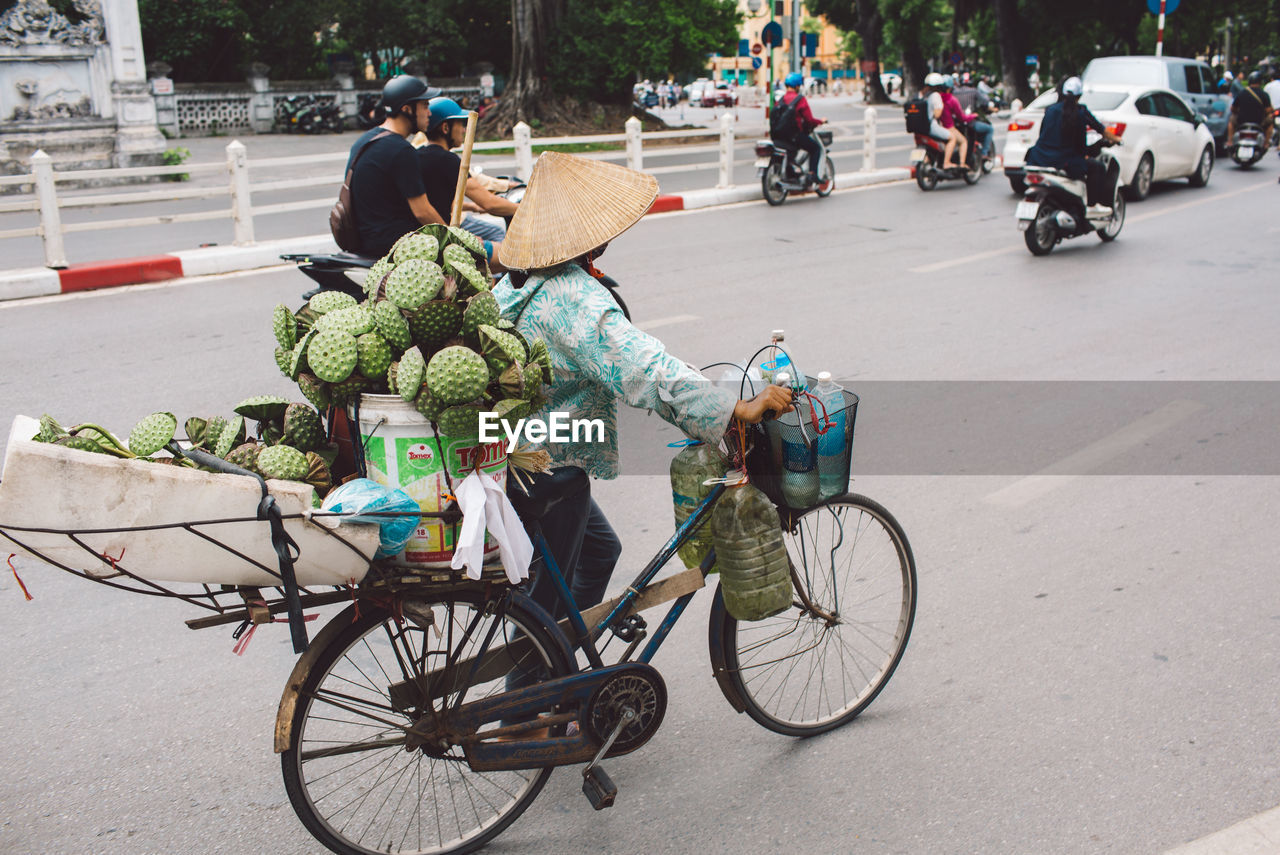 Market vendor carrying plant pods on bicycle in city