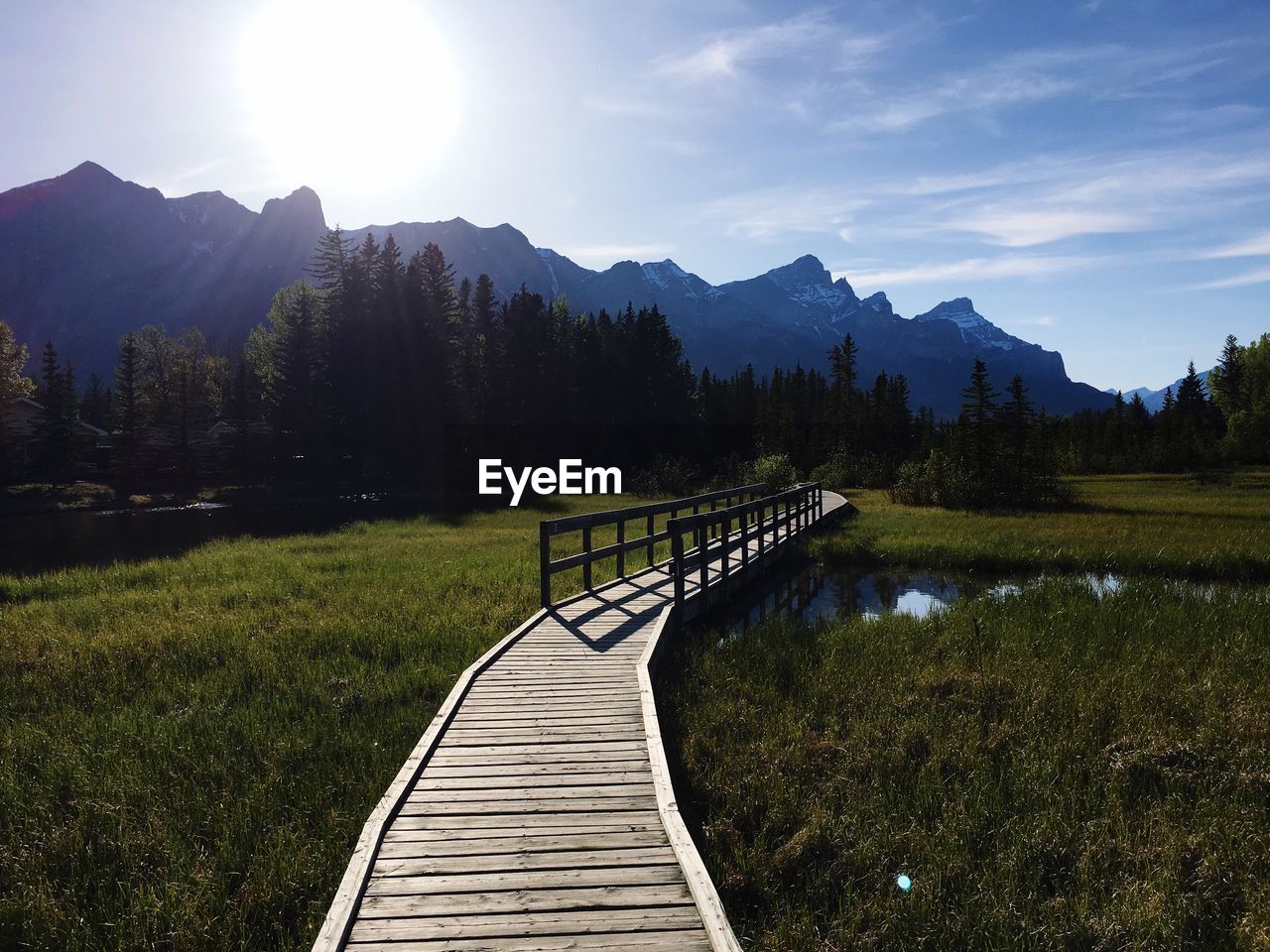 Empty walkway on field by mountains against sky