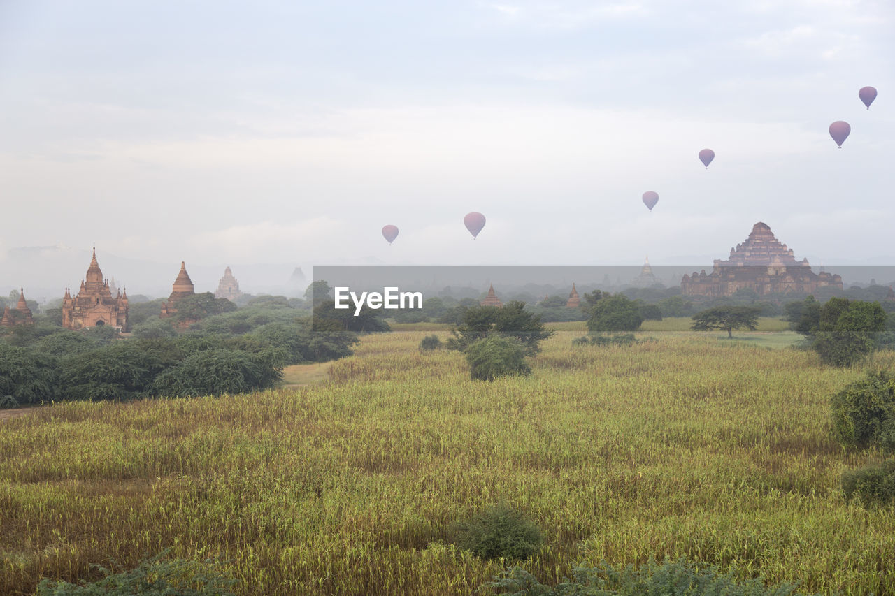 Hot-air balloons flying over dhammayangyi temple (bagan)