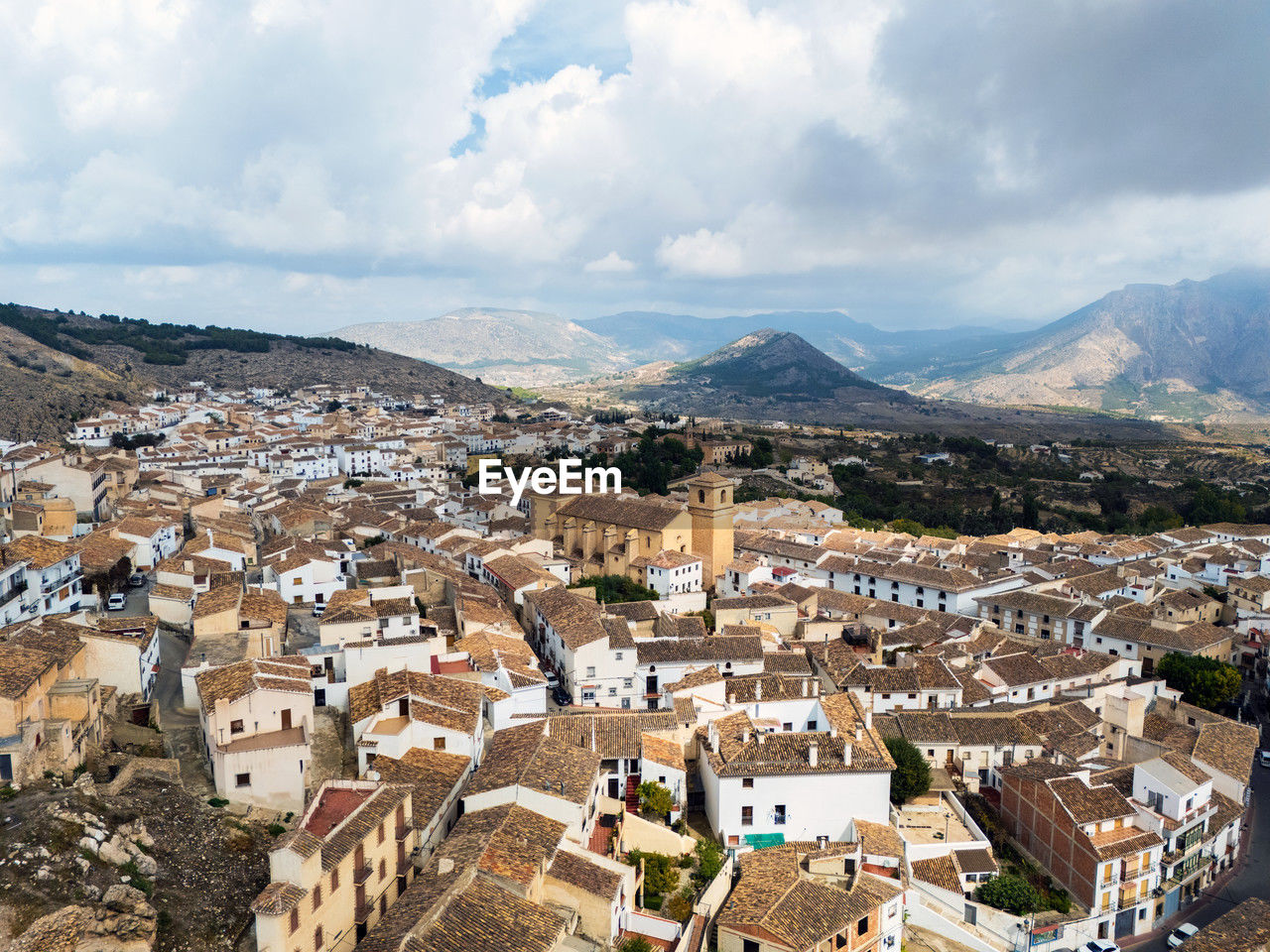 high angle shot of townscape against sky