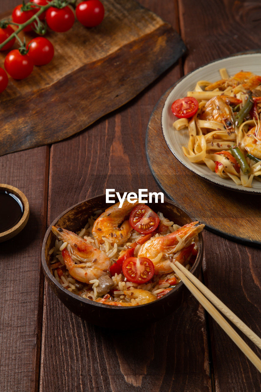 high angle view of food in bowl on table