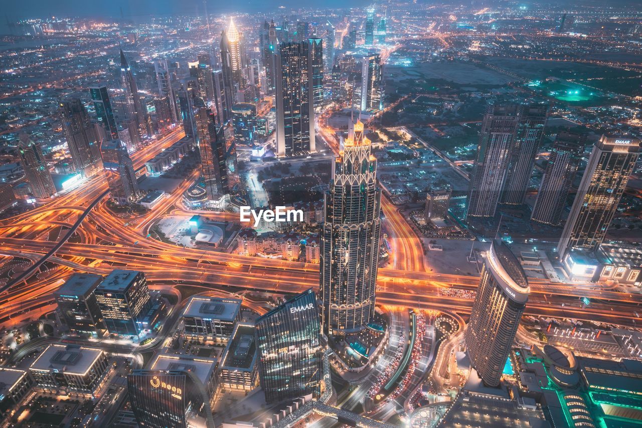 high angle view of illuminated cityscape