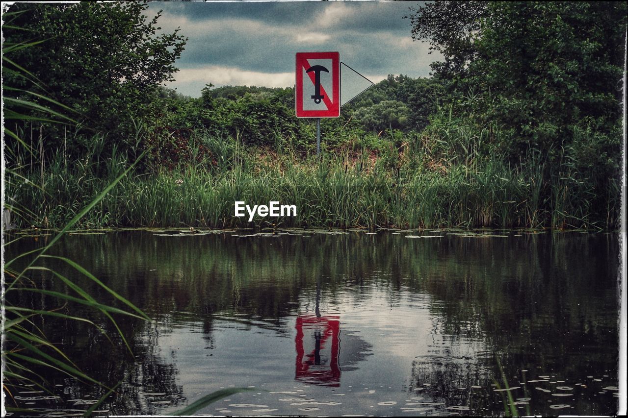 VIEW OF ROAD SIGN AGAINST TREES