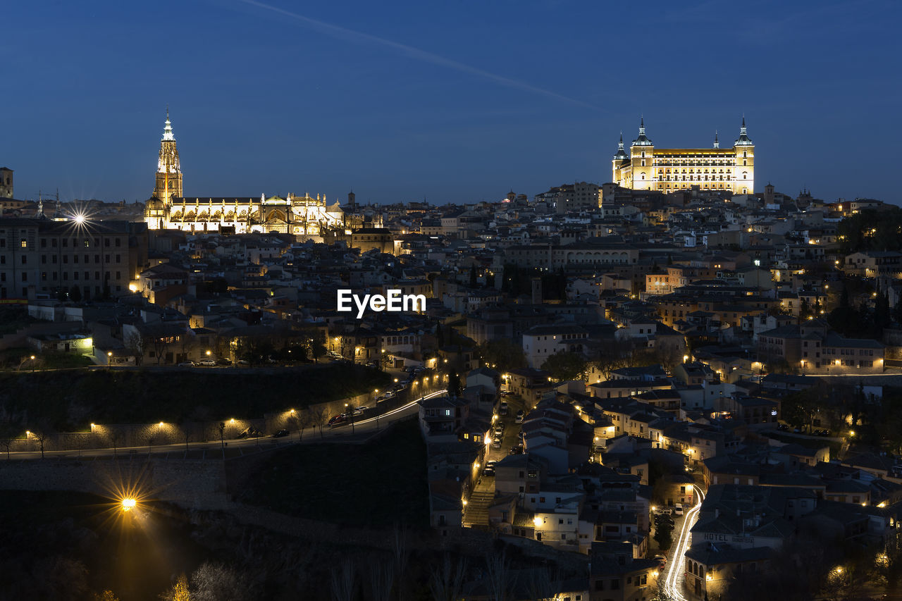 High angle view of illuminated city at night