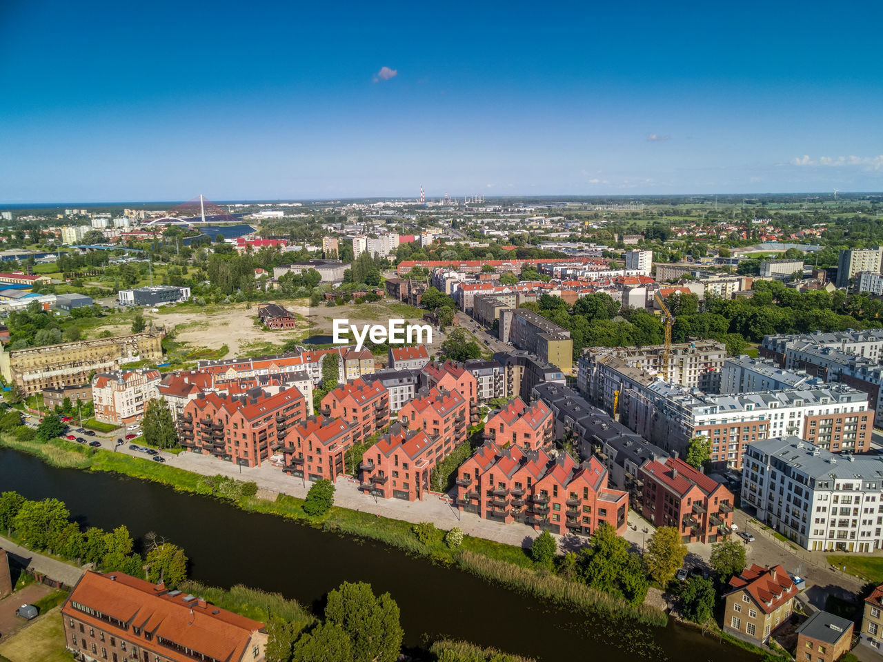 High angle view of buildings in city, aerial view of the new apartments in gdansk, poland. 