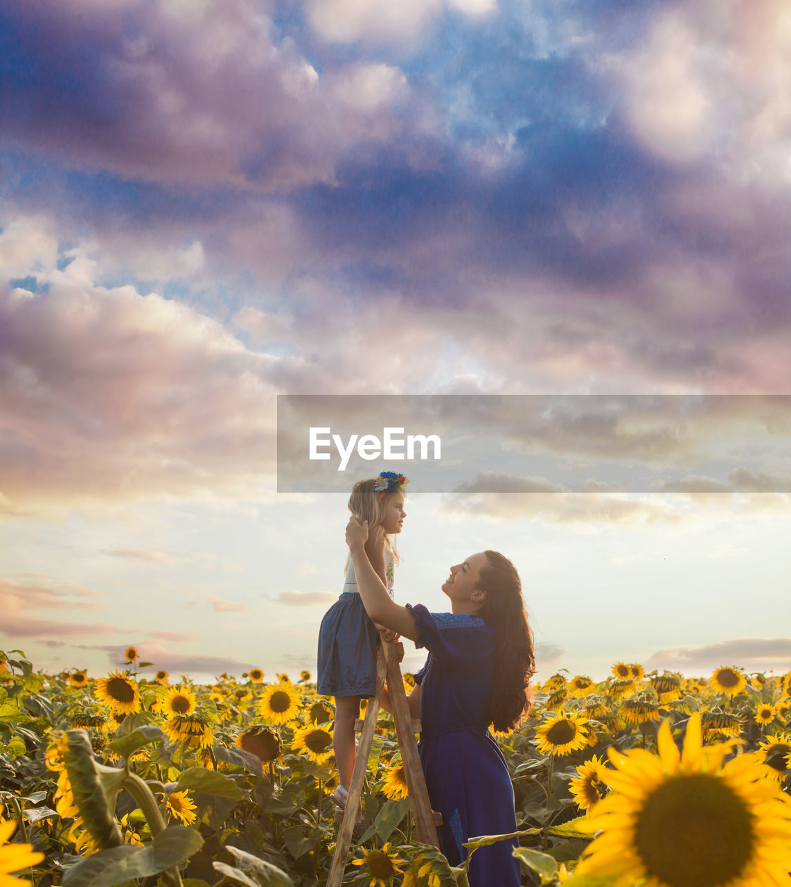 Woman standing on yellow flowering plants against sky during sunset