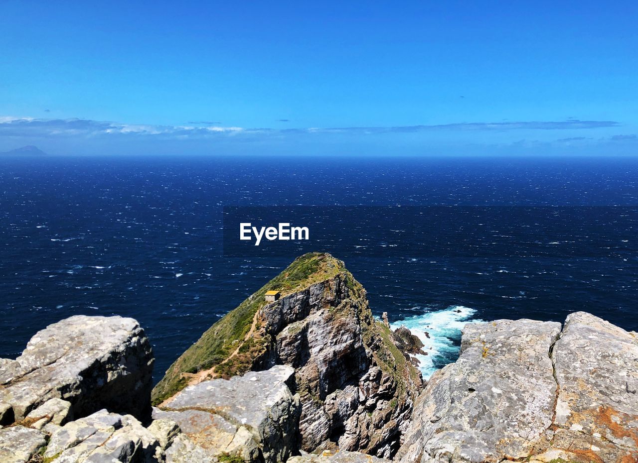 Scenic view of sea against blue sky