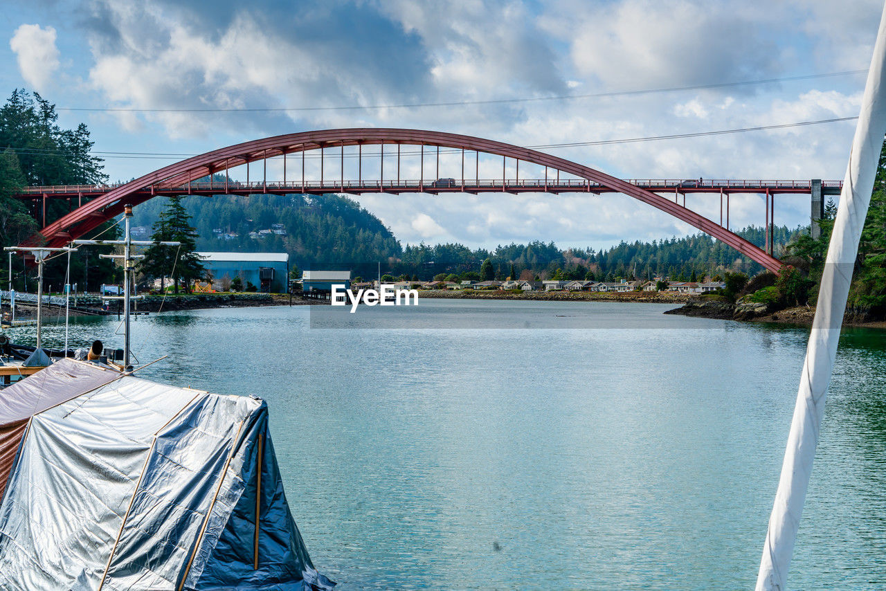 architecture, water, bridge, built structure, travel destinations, transportation, nature, sky, city, travel, arch bridge, cloud, no people, building exterior, tourism, river, day, outdoors, building, nautical vessel, reflection, blue, landscape, cityscape, harbor, landmark, tree, trip