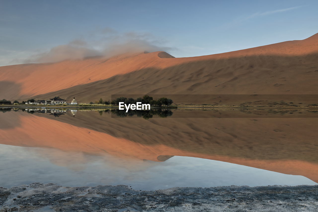 1128 sumu jaran lake and badain jaran desert temple-sand megadunes reflected on mirror water. china.