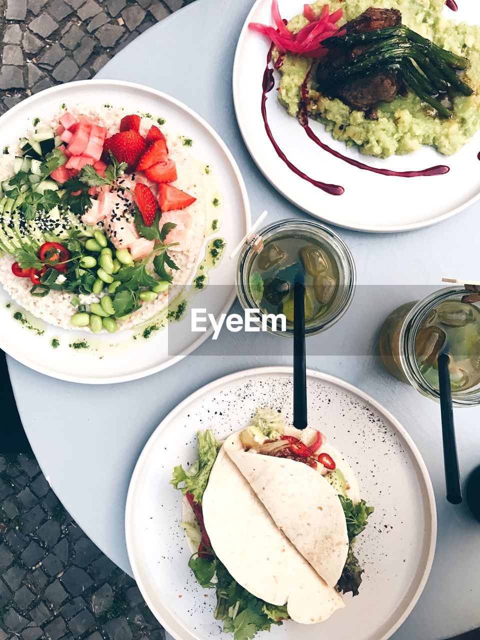 High angle view of meal served on table