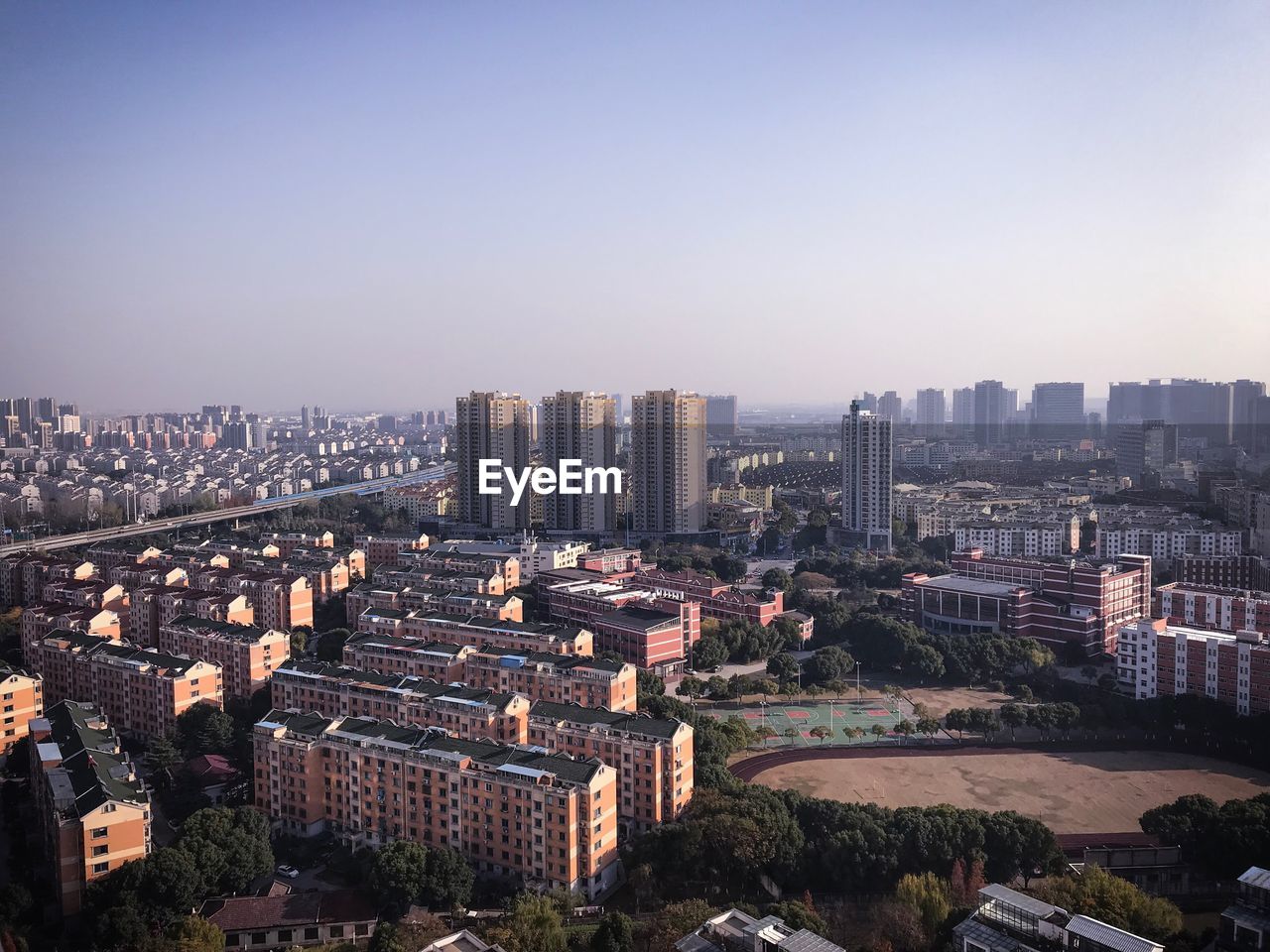 High angle view of cityscape against clear sky