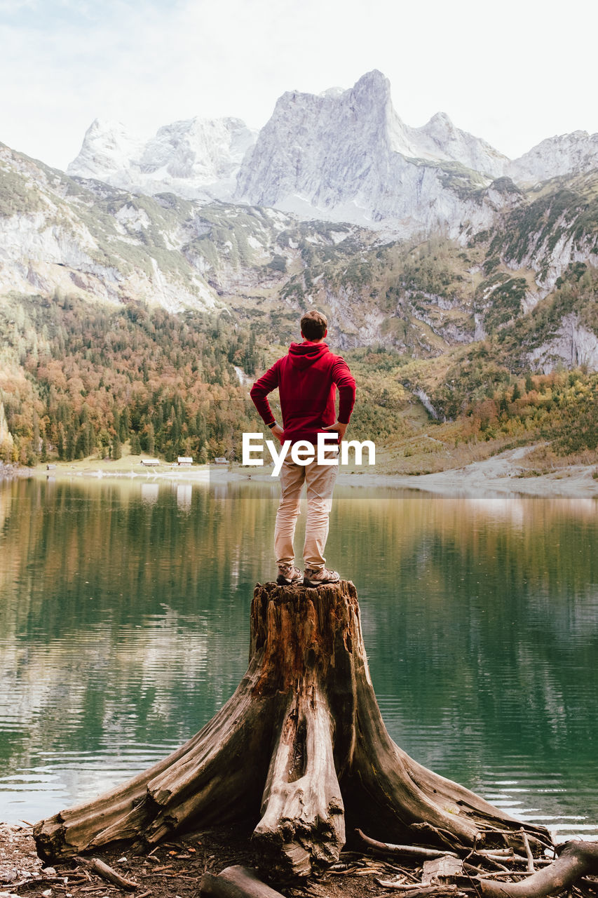 Rear view of man standing on tree stump against mountains