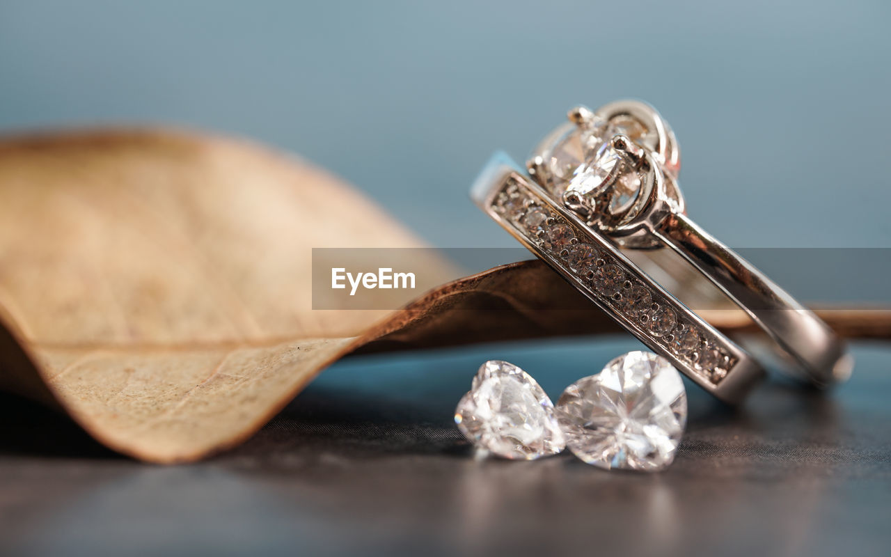 high angle view of wedding rings on table