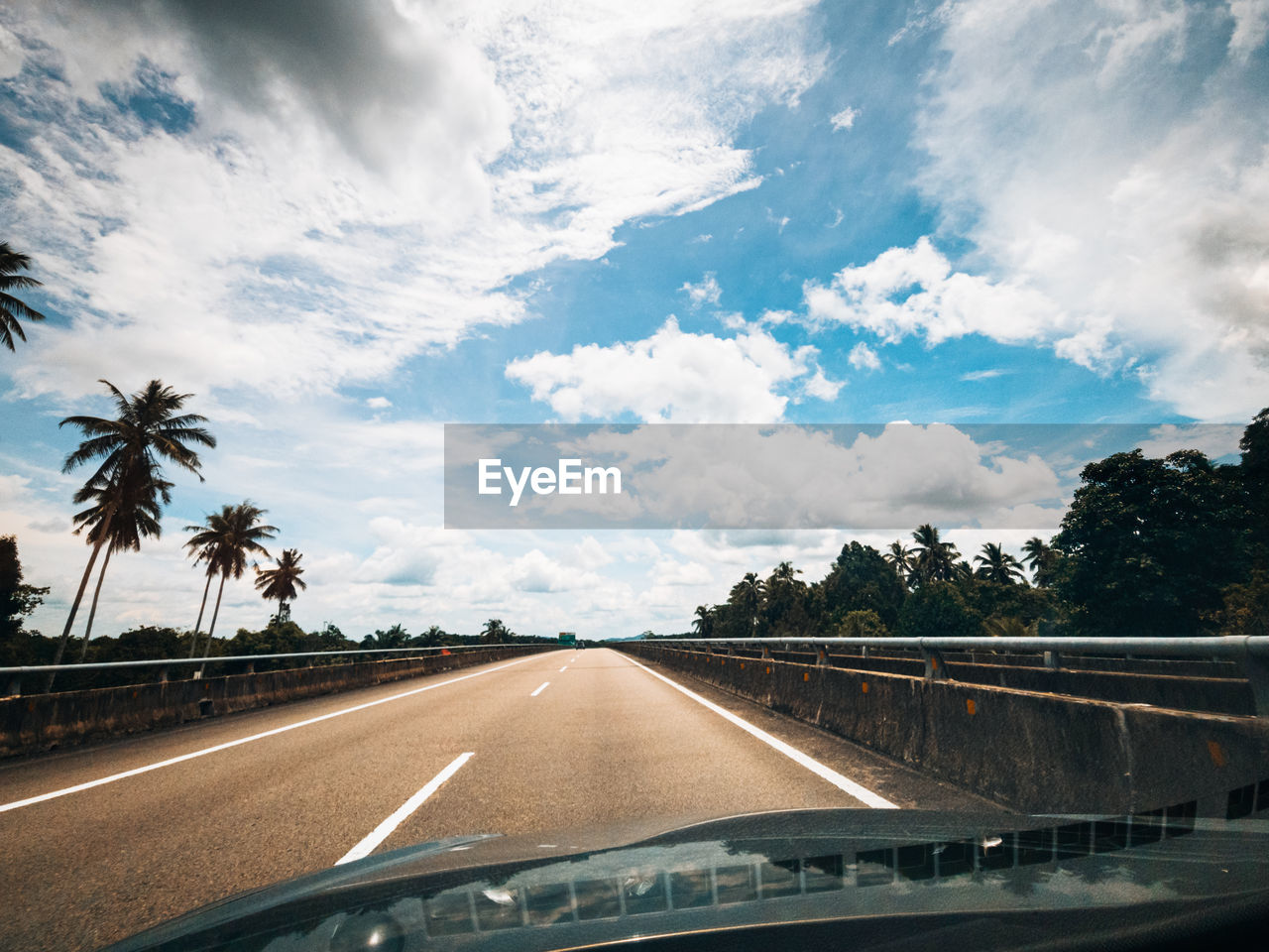 transportation, cloud, sky, road, tree, car, mode of transportation, travel, motor vehicle, horizon, nature, palm tree, plant, tropical climate, vehicle interior, motion, sunlight, windshield, highway, car interior, road trip, no people, the way forward, morning, glass, travel destinations, outdoors, land vehicle, journey, street, transparent, symbol, on the move, city, road marking, sign, car point of view, marking, day, vehicle, diminishing perspective, environment, vanishing point