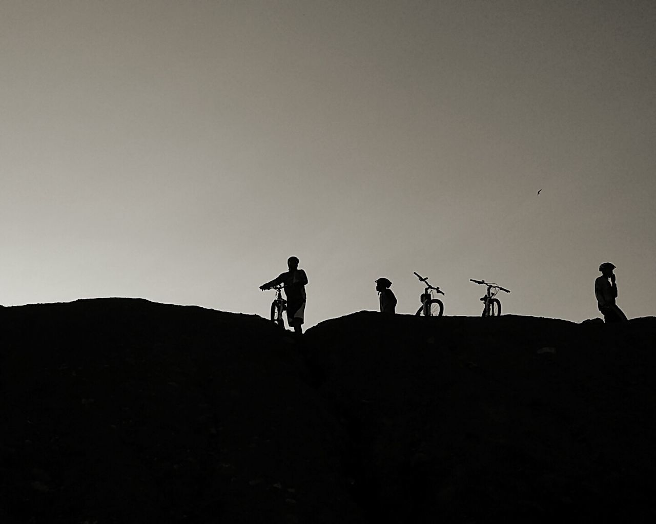 Silhouette cyclists with bicycles on field against clear sky during sunset