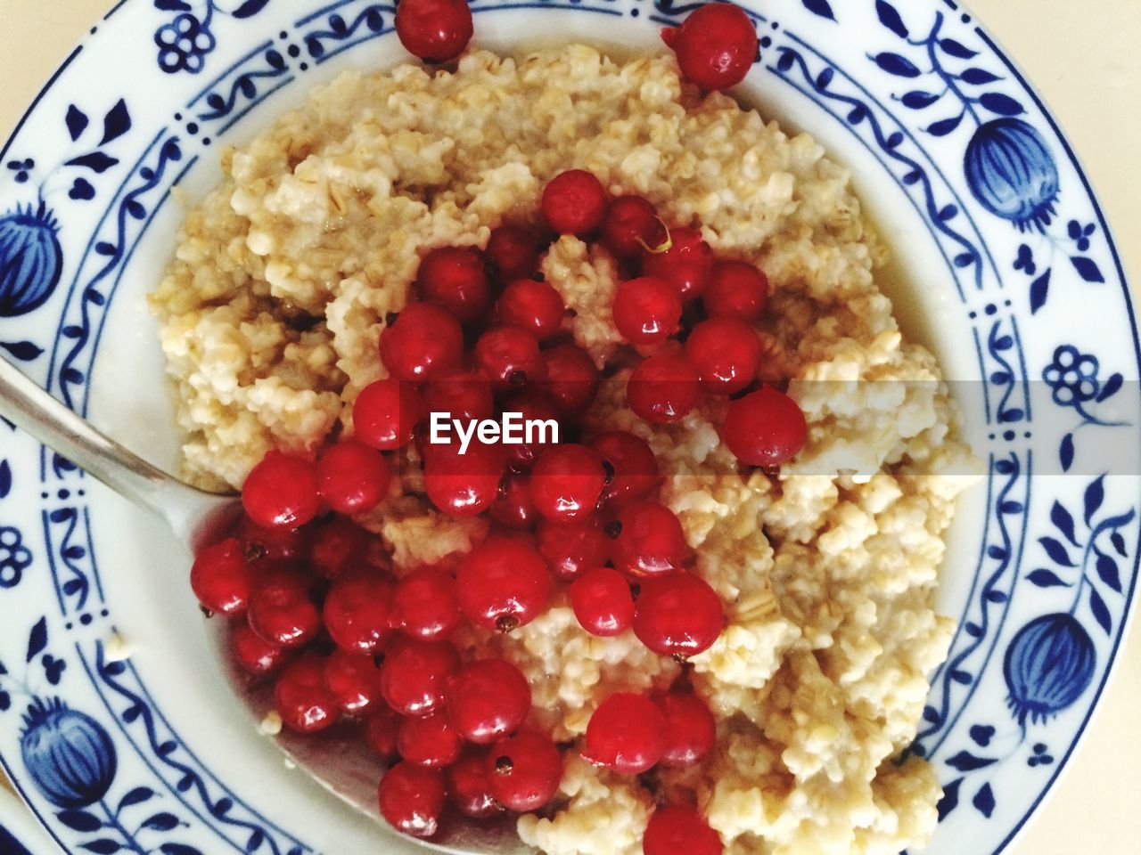 Directly above shot of oatmeal and red berries in bowl