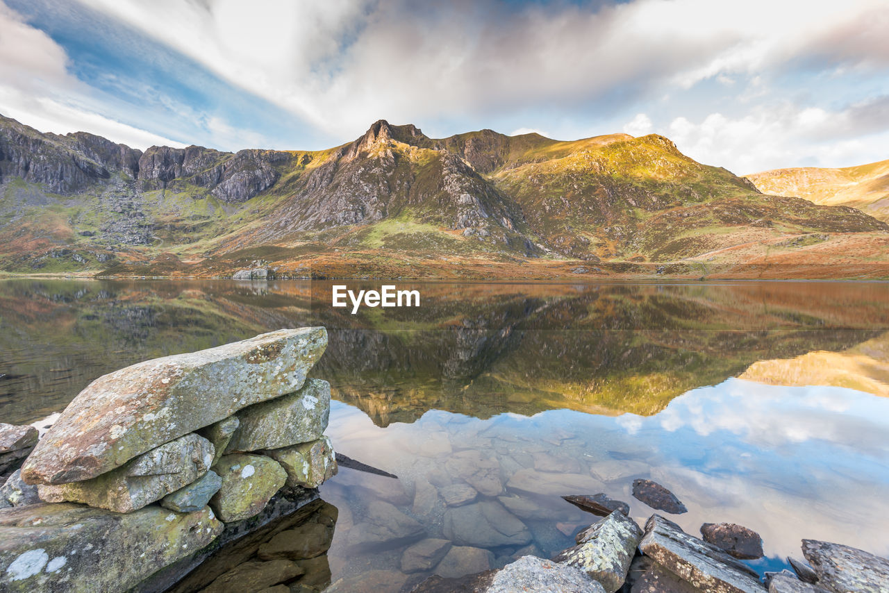 Scenic view of lake and mountains against sky