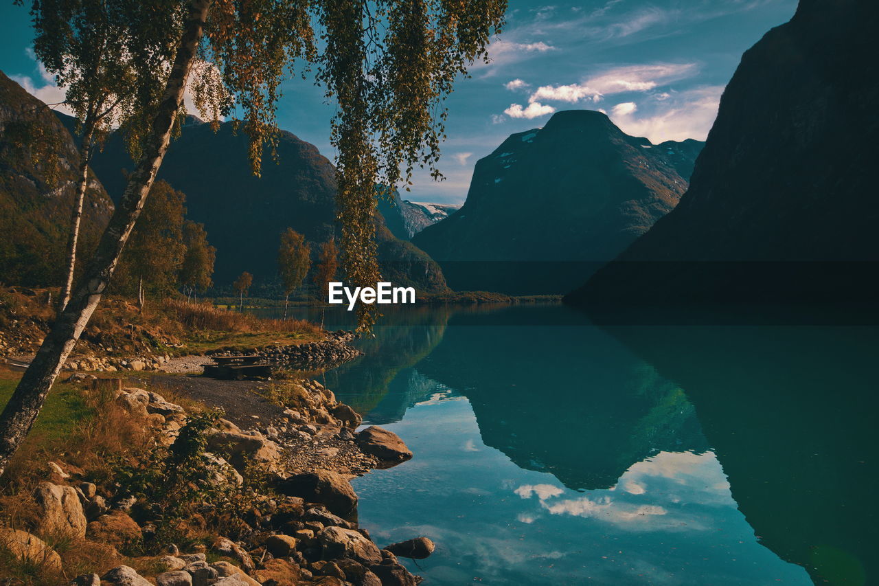 Scenic view of lake and mountains against sky