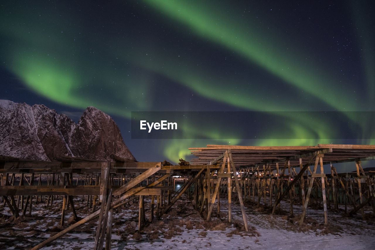 Scenic view of snowy landscape against sky at night with aurora borealis