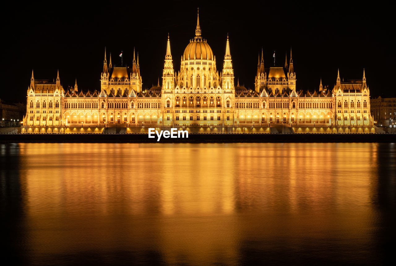 Reflection of illuminated hungarian parliament building in river at night