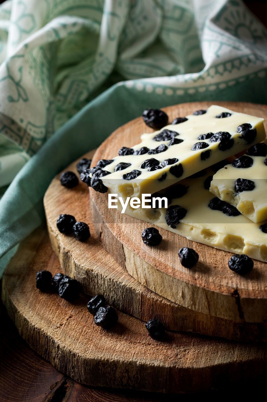 High angle view of cake on wooden boards