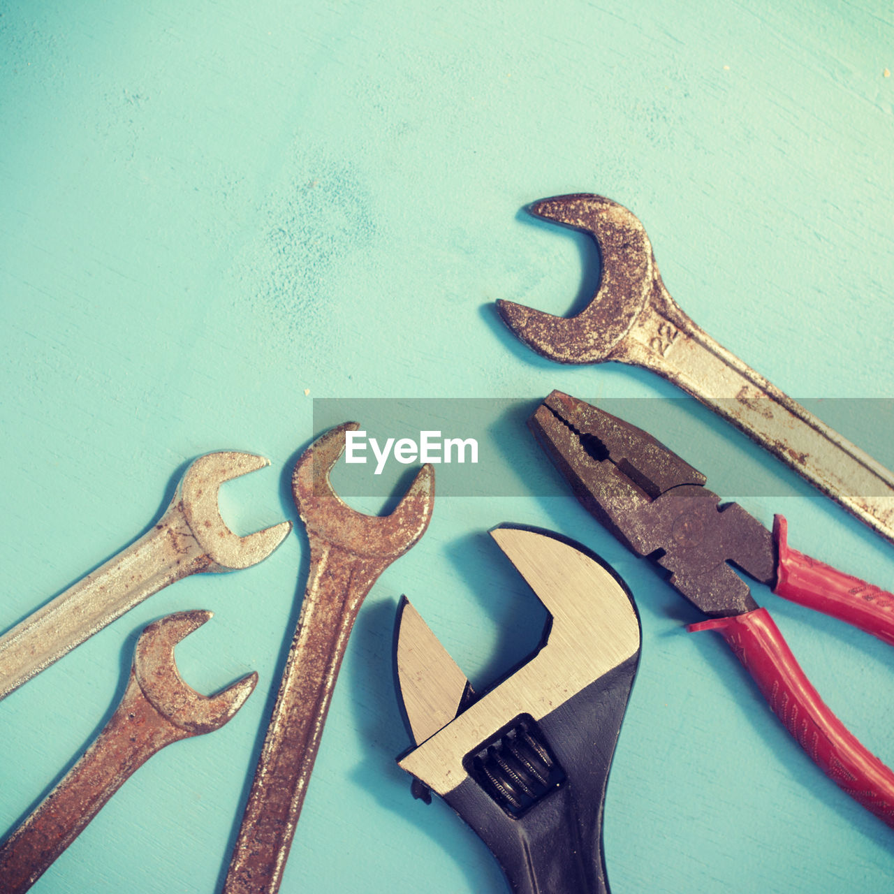 High angle view of work tools