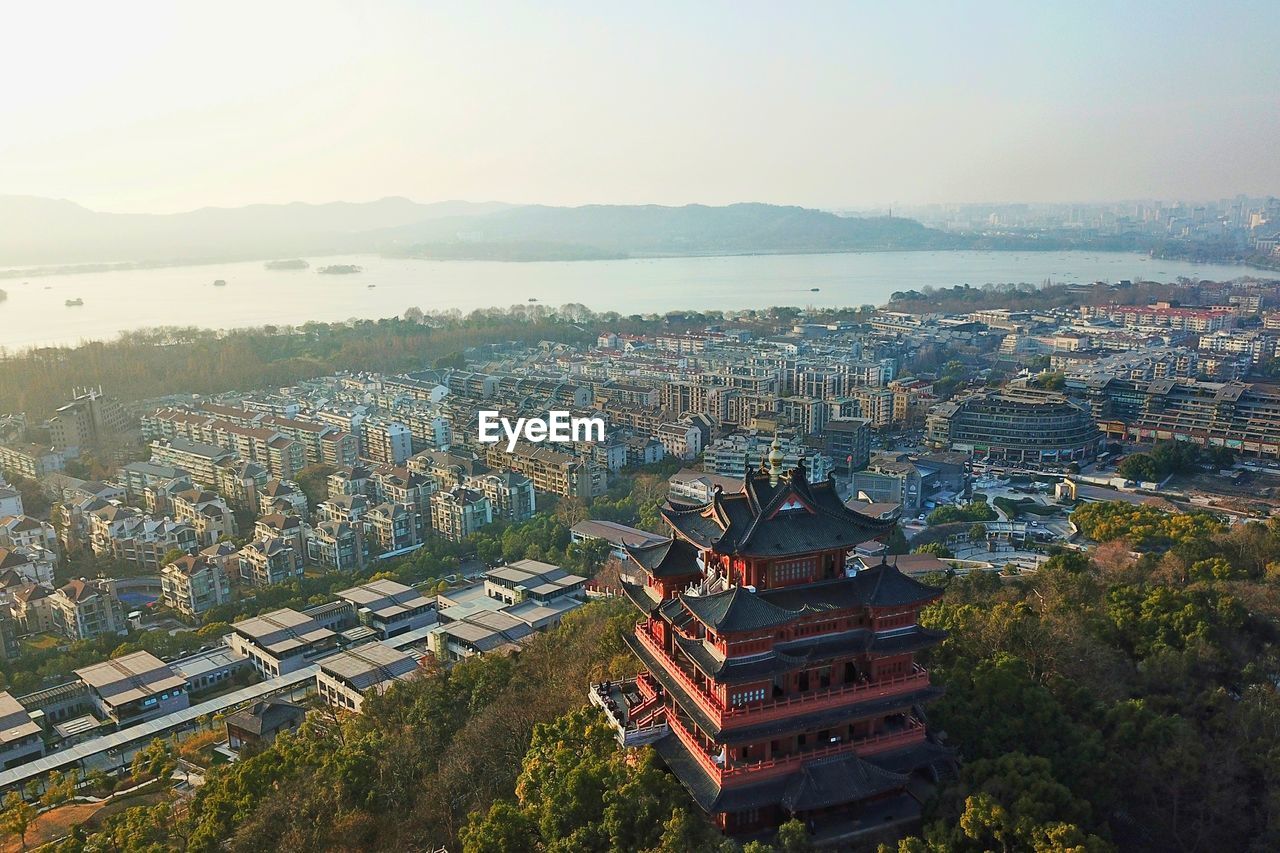 High angle view of cityscape against clear sky