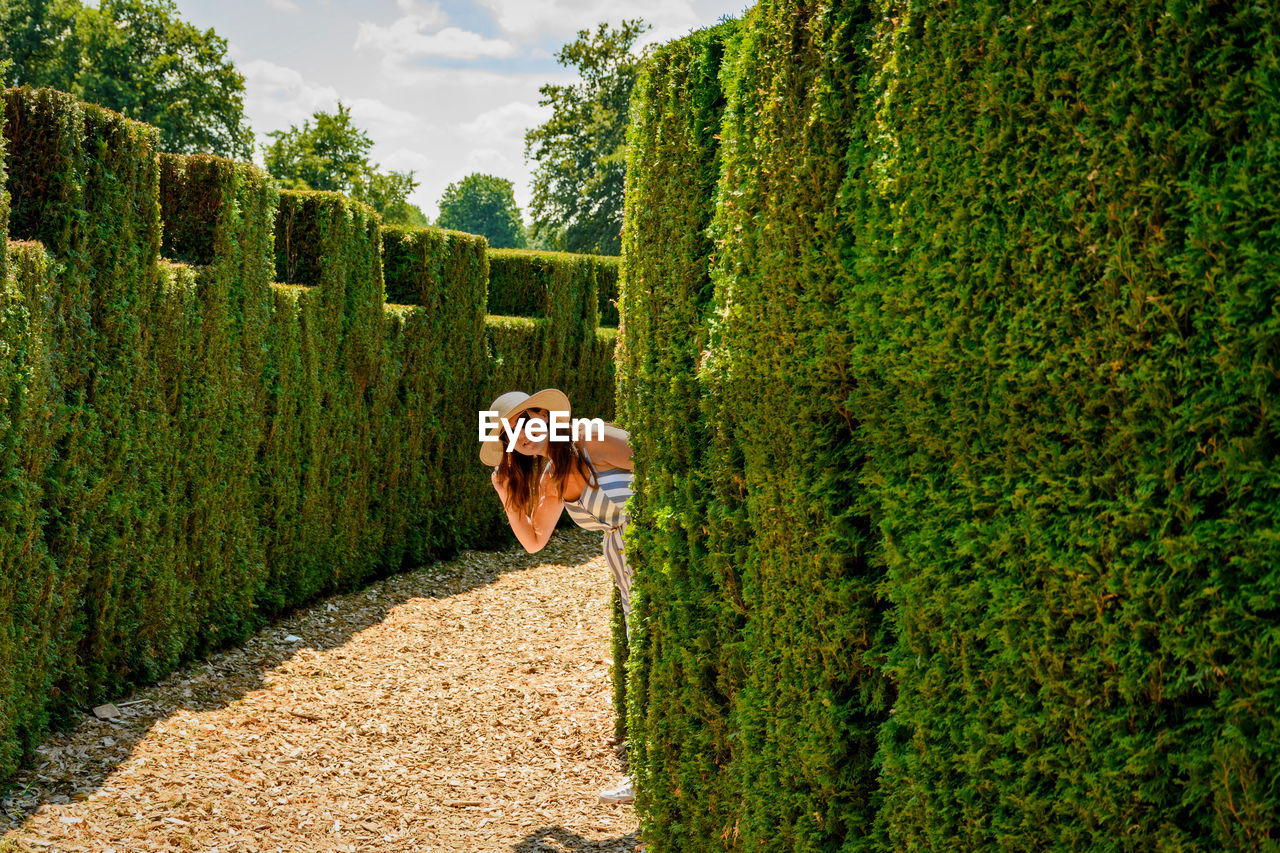 Woman standing behind a hedge in a maze.