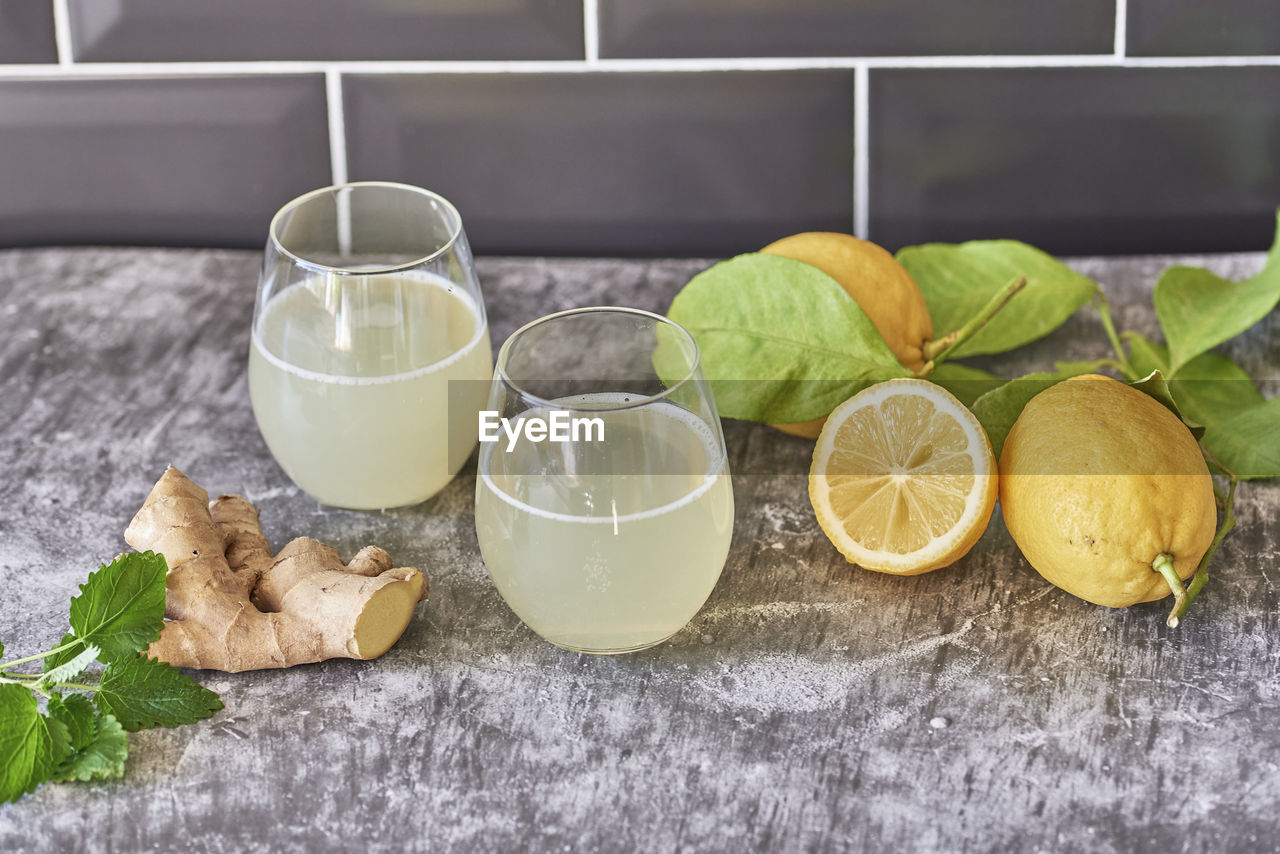 high angle view of drink and juice on table