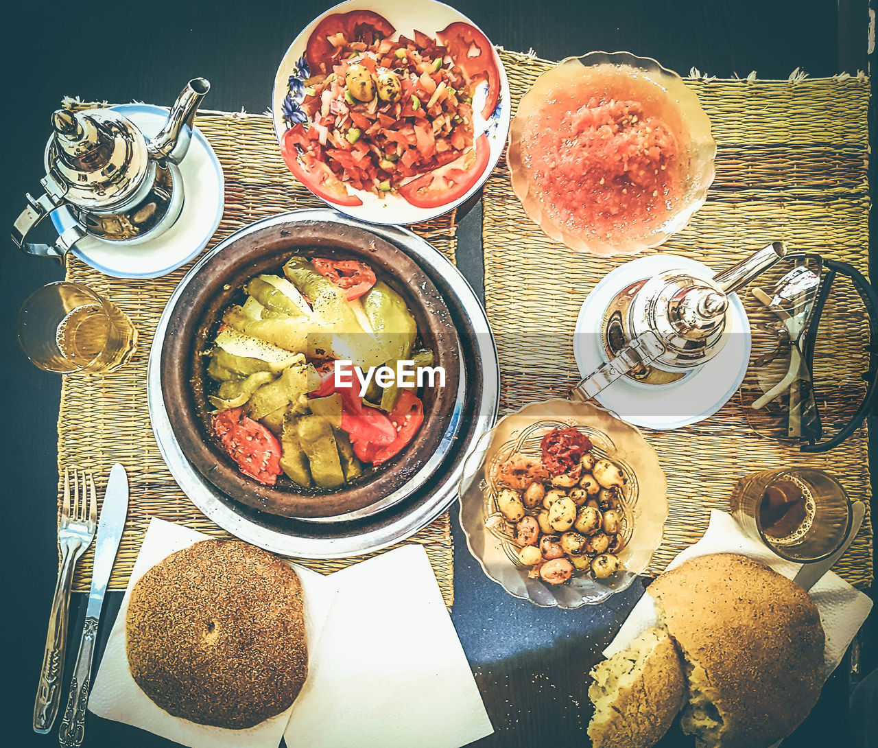 High angle view of breakfast on table