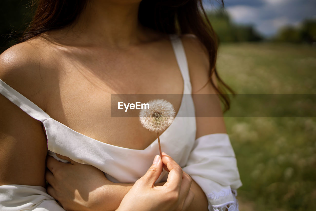 Midsection of woman holding dandelion in field