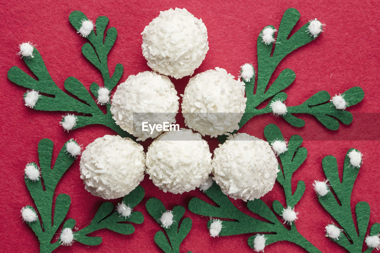 HIGH ANGLE VIEW OF WHITE FLOWERS AND RED ROSE