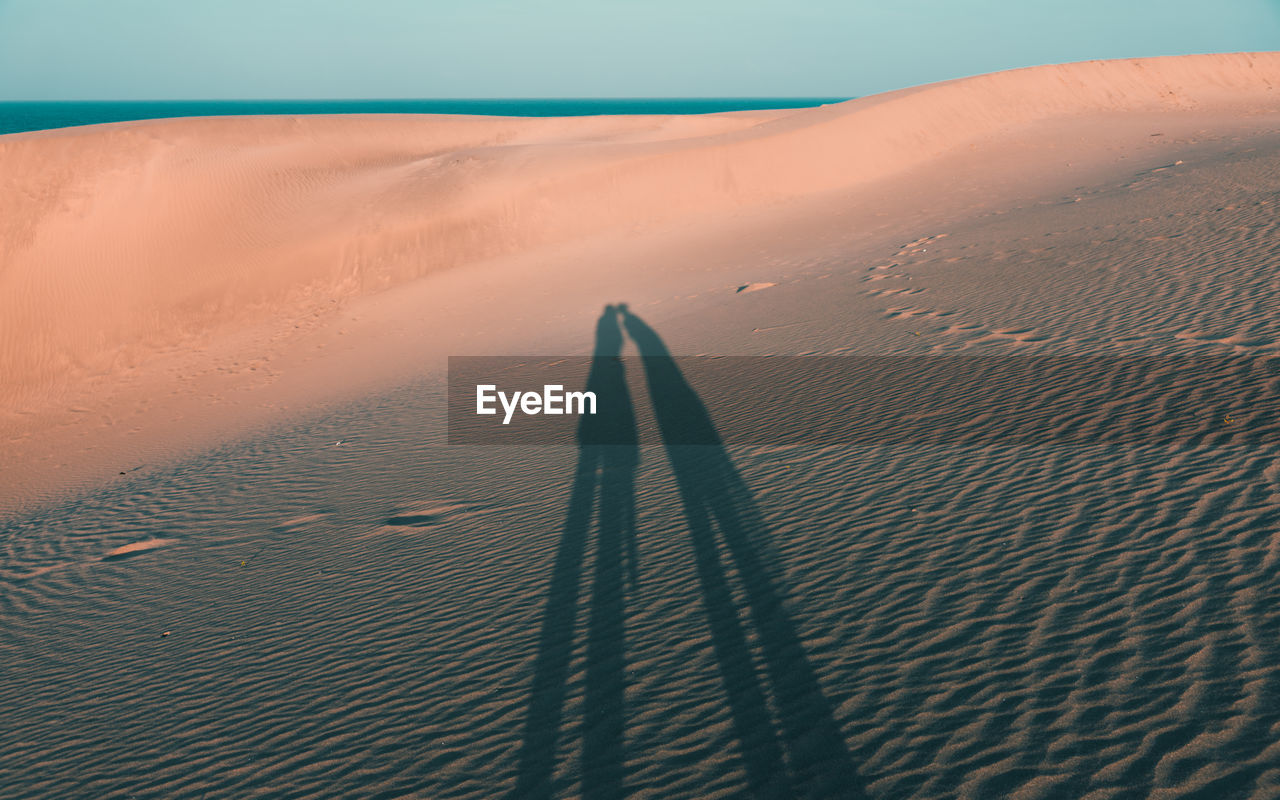 Shadow of couple kissing on sand at beach during sunset