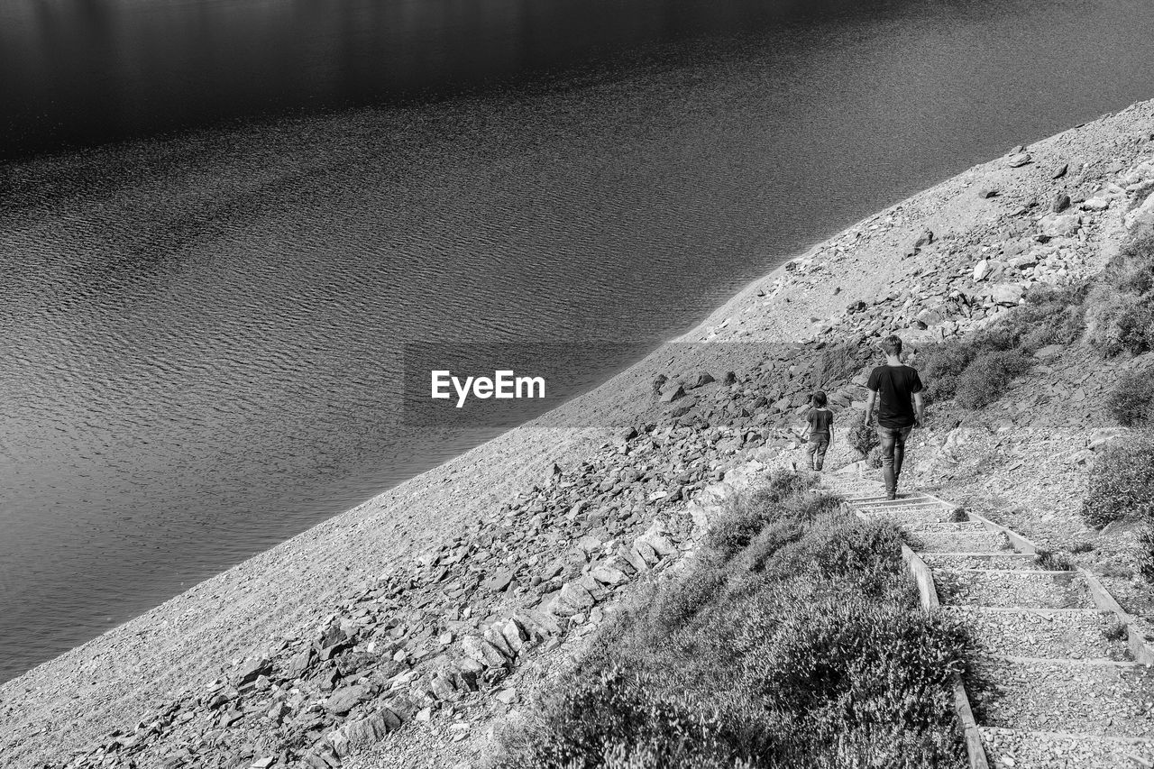 Rear view of man walking by water