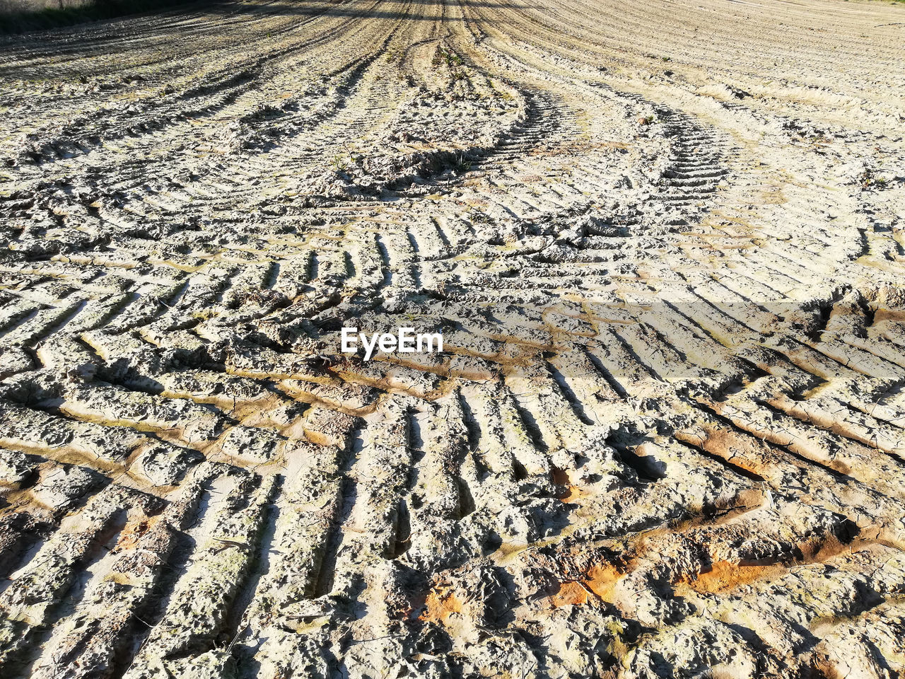 High angle view of tire tractor tracks on muddy land