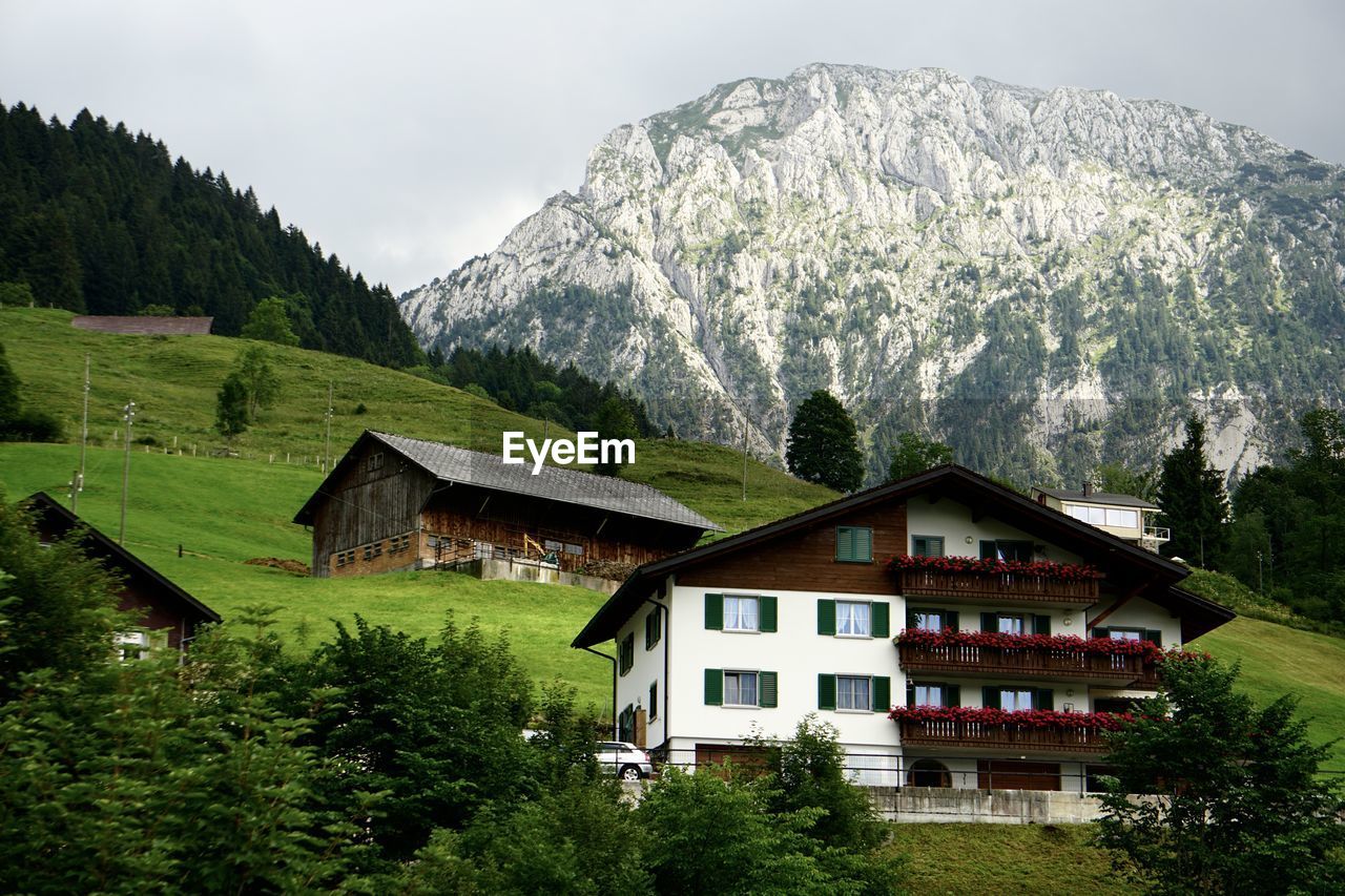 House amidst trees and buildings against sky