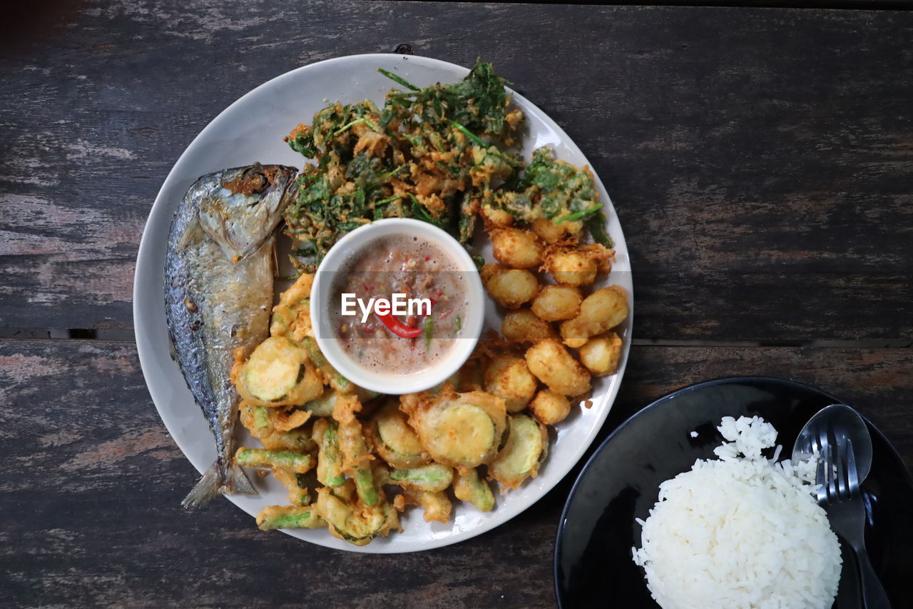 high angle view of food served in plate on table