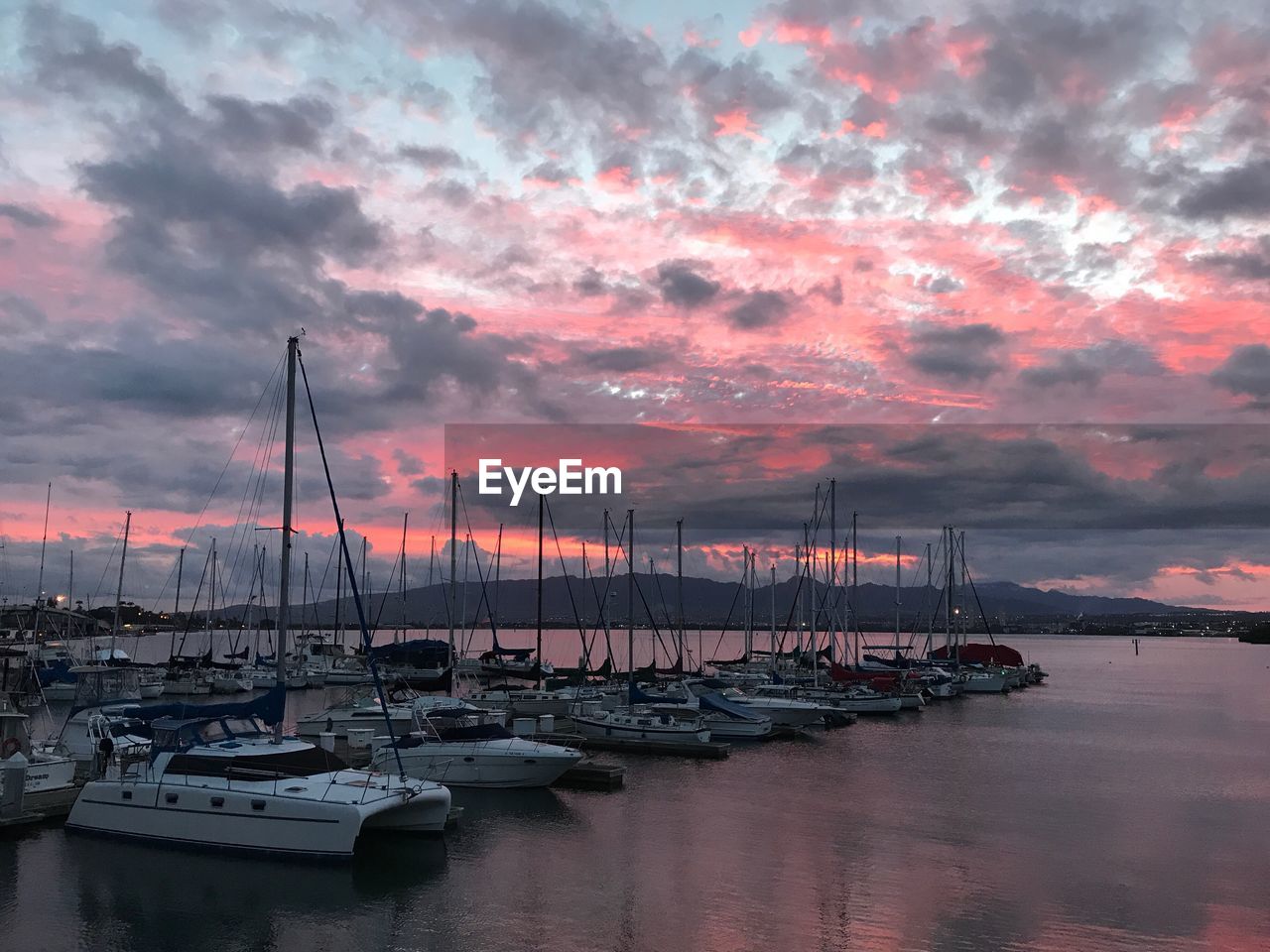 Boats in harbor at sunset