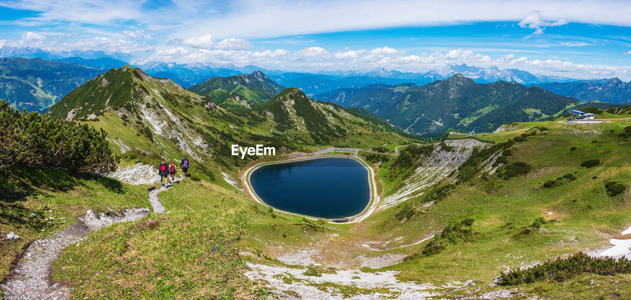 The panoramic view of blue alpine mountain lake seekarsee lies at 2000 meters. salzburg, austria