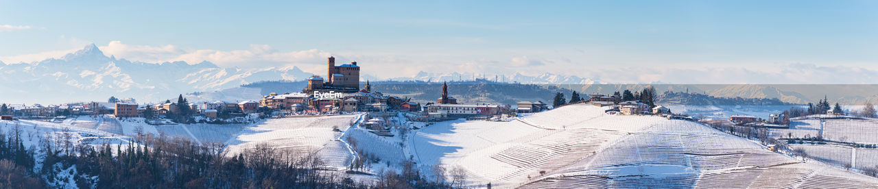 PANORAMIC VIEW OF SNOW COVERED CITY AGAINST SKY