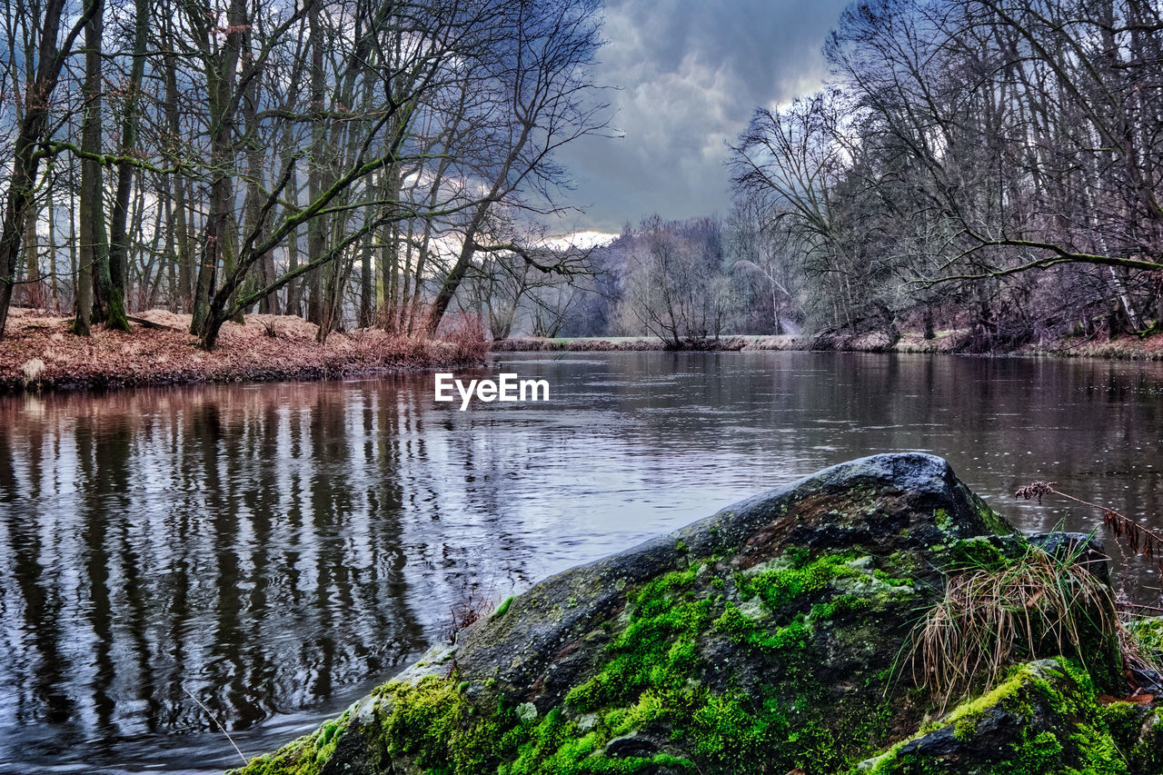 SCENIC VIEW OF LAKE AGAINST SKY IN FOREST