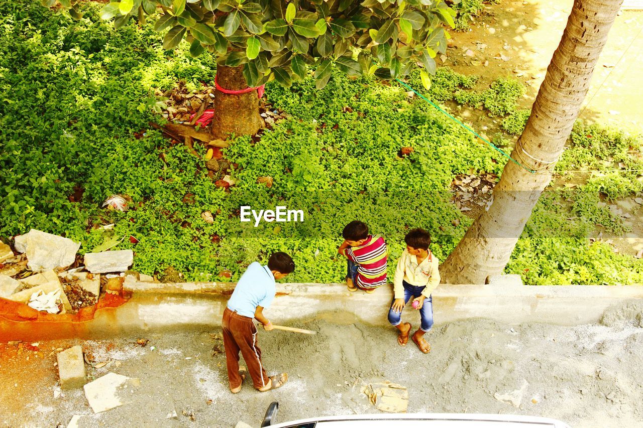 High angle view of children playing outdoors