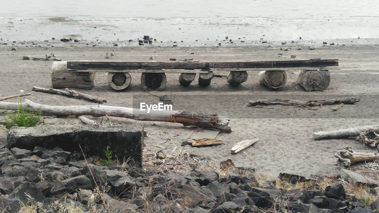 CLOSE-UP OF ABANDONED BEACH AGAINST SKY