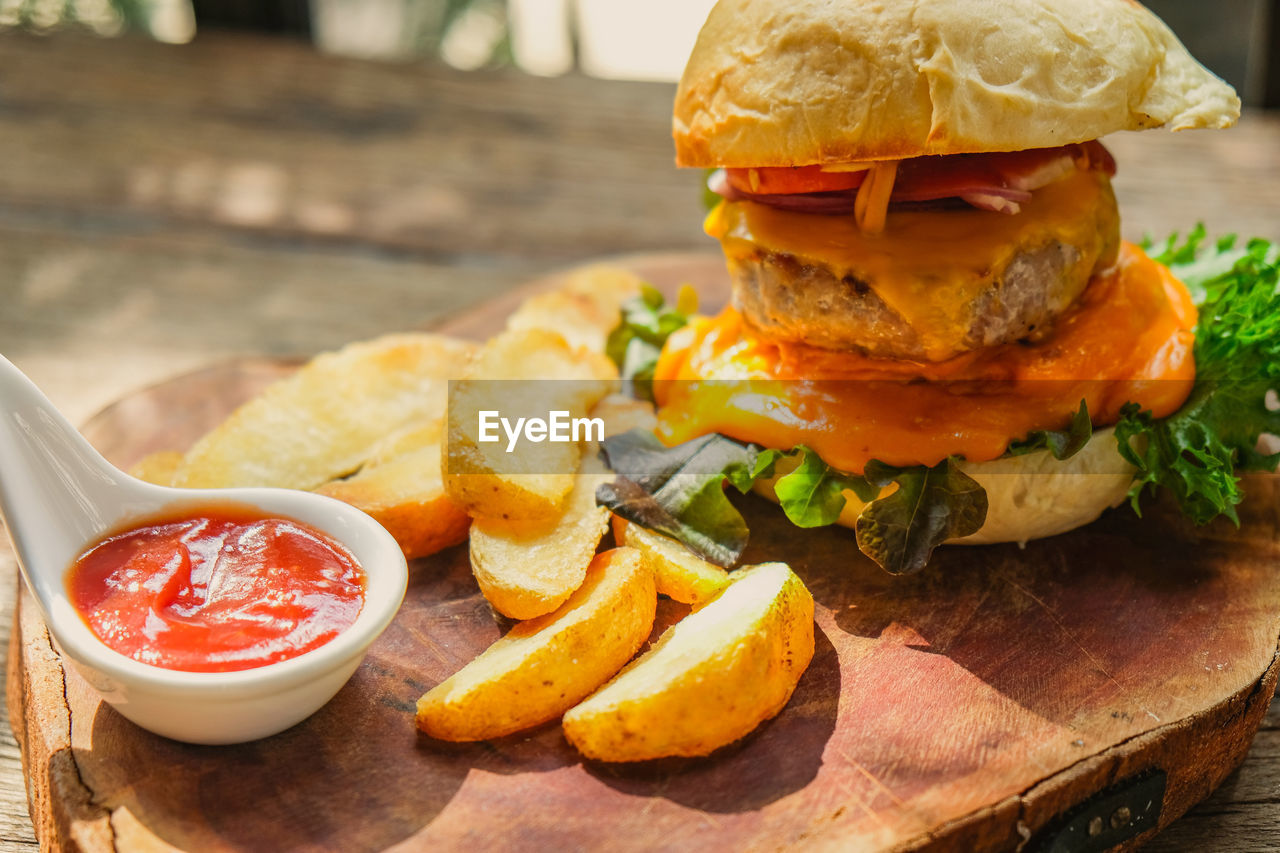 Close-up of burger on table